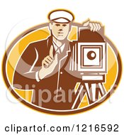 Clipart Of A Retro Photographer Holding Up A Finger By A Bellow Camera Royalty Free Vector Illustration
