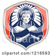 Poster, Art Print Of Retro Native American Chief With A Feather Headdress In A Shield