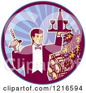 Retro Waiter Man Holding A Corkscrew And Wine Tray Over Barrels In A Circle