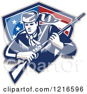 Poster, Art Print Of Retro Woodcut Frontiersman Or Daniel Boone With A Musket In A Patriotic Shield
