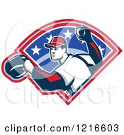 Clipart Of A Retro Baseball Player Throwing Over Stars Royalty Free Vector Illustration