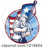 Poster, Art Print Of Retro American Patriot Soldier Carrying A Flag
