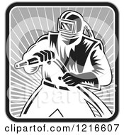 Black And White Woodcut Sandblaster Worker In A Square Of Rays