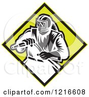 Poster, Art Print Of Black And White Woodcut Sandblaster Worker In A Yelow Diamond