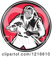 Poster, Art Print Of Black And White Woodcut Sandblaster Worker In A Red Circle