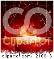Clipart Of A Red Bokeh Flare Background With Suspended Christmas Stars A Gift Box And Snow Royalty Free Vector Illustration
