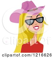 Clipart Of A Stylish Blond Cowgirl Woman With A Pink Hat And Sunglasses Royalty Free Vector Illustration by peachidesigns