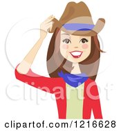 Happy Brunette Cowgirl Woman Touching Her Hat With A Blue Stripe