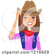 Poster, Art Print Of Happy Brunette Cowgirl Woman Touching Her Hat