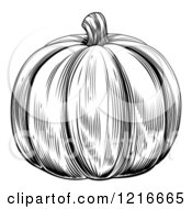 Clipart Of A Vintage Woodcut Styled Pumpkin In Black And White Royalty Free Vector Illustration
