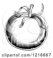 Clipart Of A Vintage Woodcut Styled Tomato In Black And White Royalty Free Vector Illustration