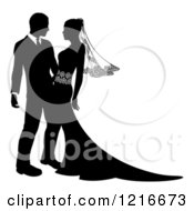 Clipart Of A Black And White Silhouetted Wedding Couple Embracing 2 Royalty Free Vector Illustration