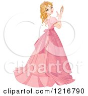 Beautiful Princess In A Pink Gown Looking Back And Using A Mirror To Apply Lipstic