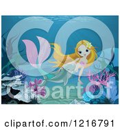 Poster, Art Print Of Cute Dolphin Swimming With A Pretty Blond Mermaid In The Sea
