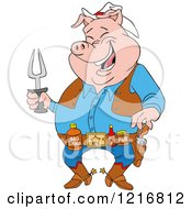 Laughing Cowboy Pig Holding A Bbq Fork And Wearing Sauces On A Belt