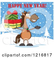 Poster, Art Print Of Happy New Year Greeting Over A Brown Horse Holding Christmas Gifts In The Snow