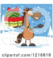 Poster, Art Print Of Happy Brown Horse Holding Up A Stack Of Christmas Gifts In The Snow