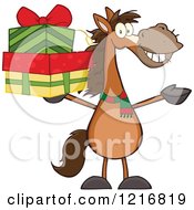 Poster, Art Print Of Happy Brown Horse Holding Up A Stack Of Christmas Gifts