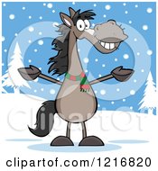 Clipart Of A Happy Welcoming Gray Horse In The Snow Royalty Free Vector Illustration