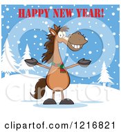 Poster, Art Print Of Happy New Year Greeting Over A Welcoming Brown Horse In The Snow