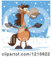 Poster, Art Print Of Happy Welcoming Brown Horse In The Snow