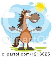 Poster, Art Print Of Happy Brown Horse Standing Upright And Holding Out His Legs In The Sunshine