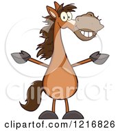 Clipart Of A Happy Brown Horse Standing Upright And Holding Out His Legs Royalty Free Vector Illustration by Hit Toon