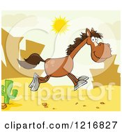 Clipart Of A Happy Brown Horse Running In A Desert At Sunset Royalty Free Vector Illustration