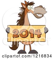 Poster, Art Print Of Happy Brown Horse Holding A Wooden New Year 2014 Sign