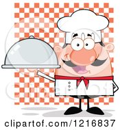 Poster, Art Print Of Cartoon Happy White Chef With A Mustache Holding A Platter Over Checkers