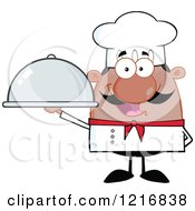 Cartoon Happy Black Chef With A Mustache Holding A Cloche