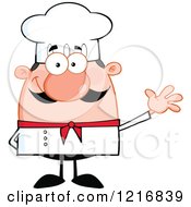 Clipart Of A Cartoon Happy Waving Caucasian Chef With A Mustache Royalty Free Vector Illustration