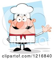 Clipart Of A Cartoon Happy Waving White Chef With A Mustache Over Blue Royalty Free Vector Illustration