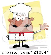 Clipart Of A Cartoon Happy Waving Black Chef With A Mustache Over Yellow Royalty Free Vector Illustration