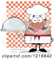 Poster, Art Print Of Cartoon Happy Black Chef With A Mustache Holding A Cloche Over Checkers