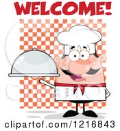 Poster, Art Print Of Cartoon Happy White Chef With A Mustache Holding A Cloche Platter Under Welcome