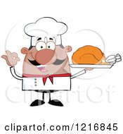 Cartoon Happy Black Chef With A Mustache Holding A Roasted Turkey On A Platter