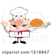 Cartoon Happy White Chef With A Mustache Holding A Roasted Turkey On A Platter