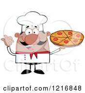 Clipart Of A Cartoon Happy Black Chef With A Mustache Holding A Pizza Royalty Free Vector Illustration by Hit Toon