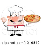 Clipart Of A Cartoon Happy White Chef With A Mustache Holding A Pizza Royalty Free Vector Illustration
