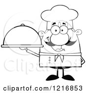 Poster, Art Print Of Outlined Cartoon Happy Chef With A Mustache Holding A Cloche