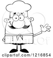 Clipart Of An Outlined Cartoon Happy Waving Chef With A Mustache Royalty Free Vector Illustration