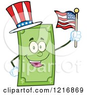 Clipart Of A Happy Patriotic Dollar Bill Mascot Waving An American Flag Royalty Free Vector Illustration