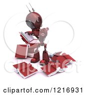 Poster, Art Print Of 3d Red Android Robot Standing And Reading In A Circle Of Books