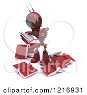 Clipart Of A 3d Red Android Robot Standing And Reading In A Circle Of Books Royalty Free Illustration