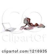 Clipart Of A 3d Red Android Robot Using A Laptop On The Floor Royalty Free Illustration
