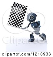 Poster, Art Print Of 3d Blue Android Robot Waving A Checkered Racing Flag