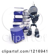 Clipart Of A 3d Blue Android Robot Reading By A Stack Of Books Royalty Free Illustration