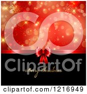 Poster, Art Print Of Merry Christmas Greeting With A Red Gift Bow Snowflakes And Bokeh