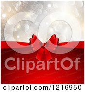 Clipart Of A Red Gift Bow And Christmas Text Over Bokeh Lights And Snowflakes Royalty Free Vector Illustration